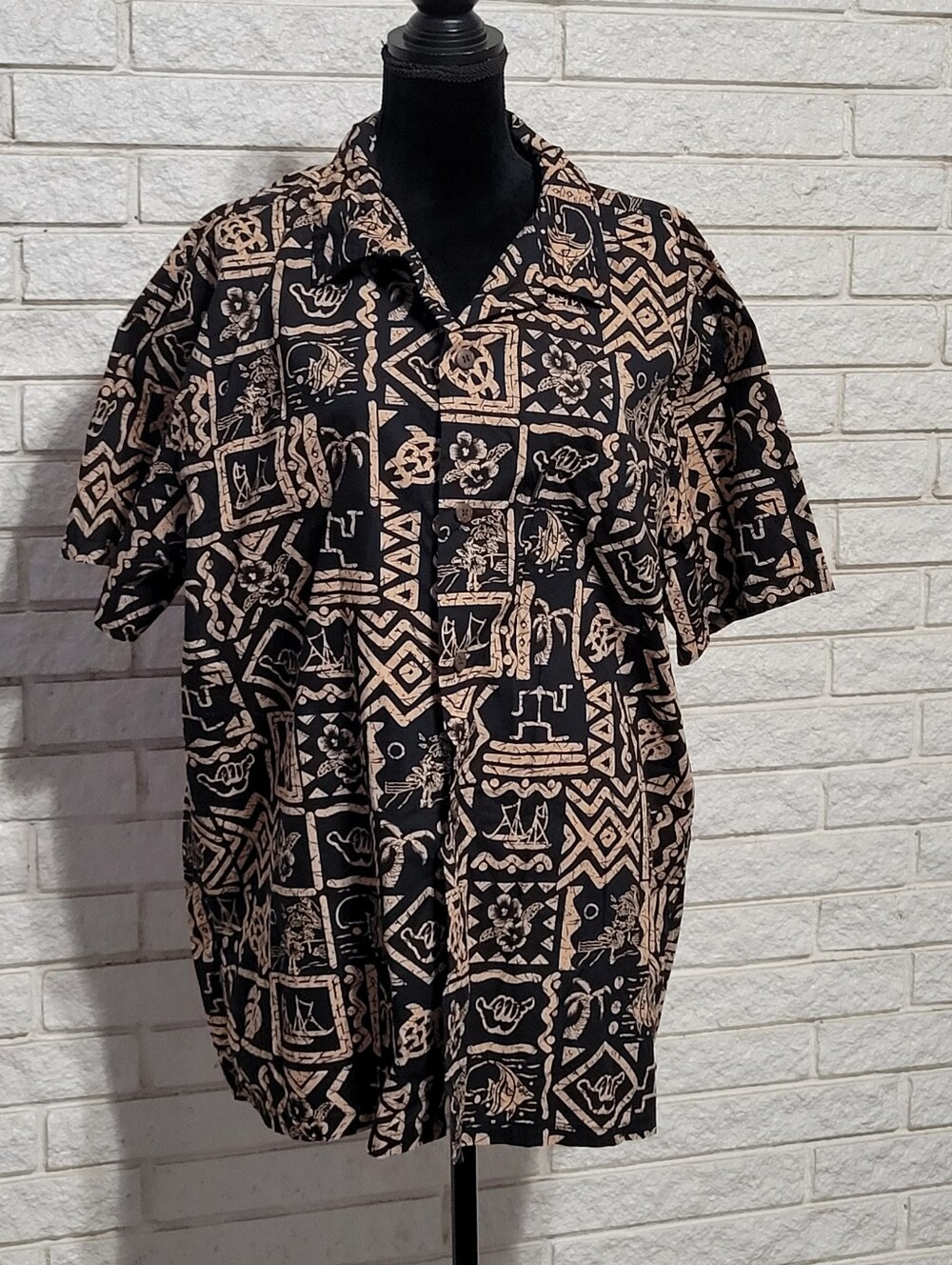 Palmwave Hawaii Mens 2XL Blk Tan Tribal Tropical Print Aloha Beach SS Shirt
